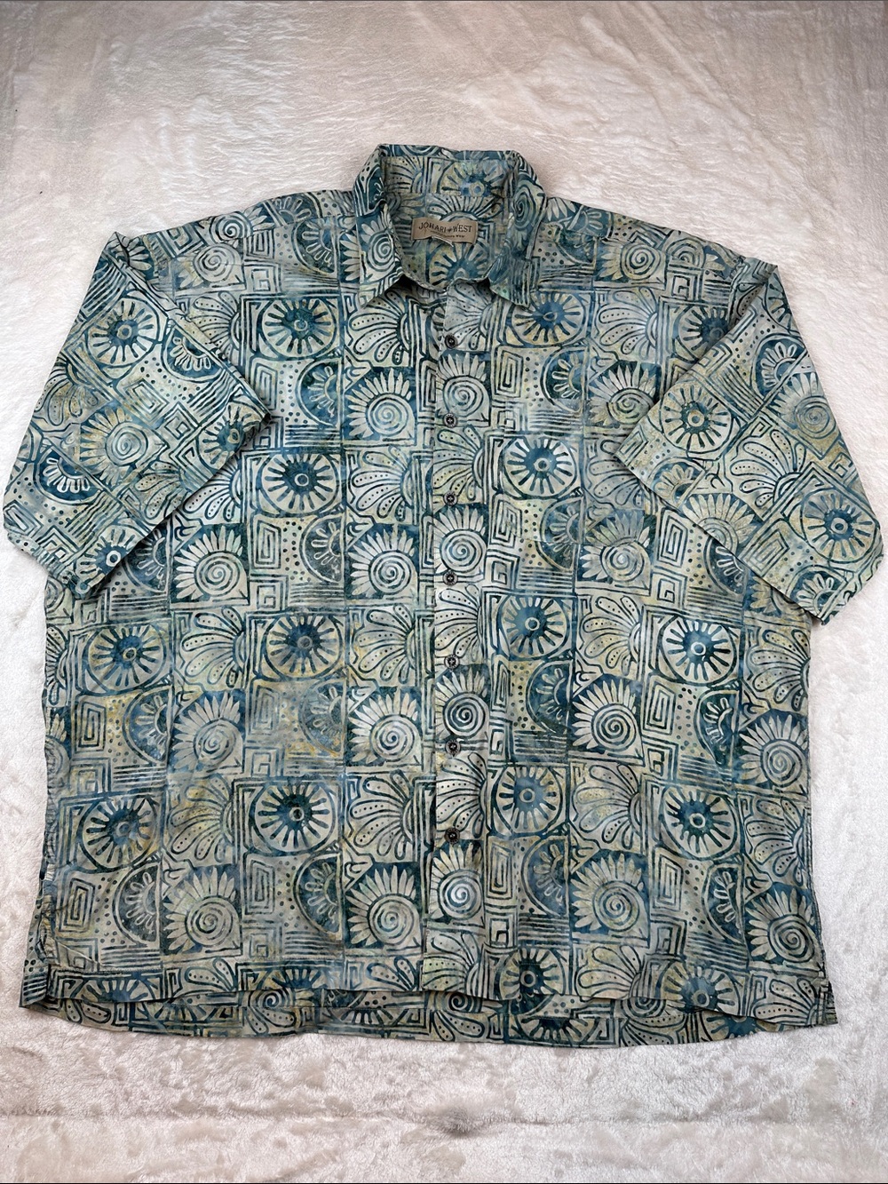 Johari West Size 4 XL Short-Sleeve Button-Down Shirt Teal Mosaic Print | Casual